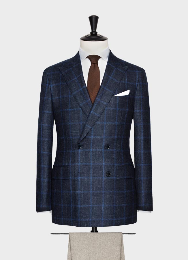 Navy with bright blue windowpane wool-silk-cashmere jacket