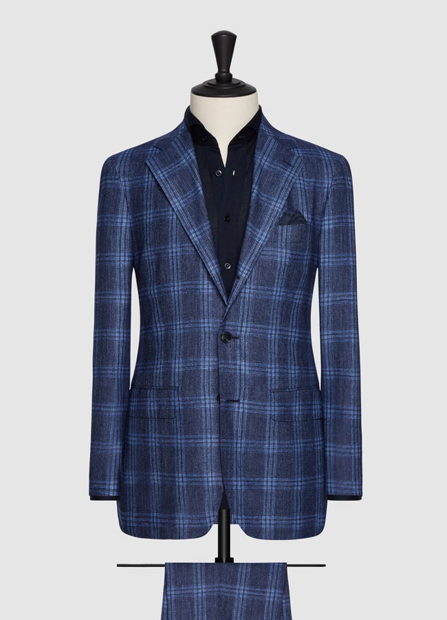 Dark blue faux uni wool-silk-linen with l.blue windowpane suit