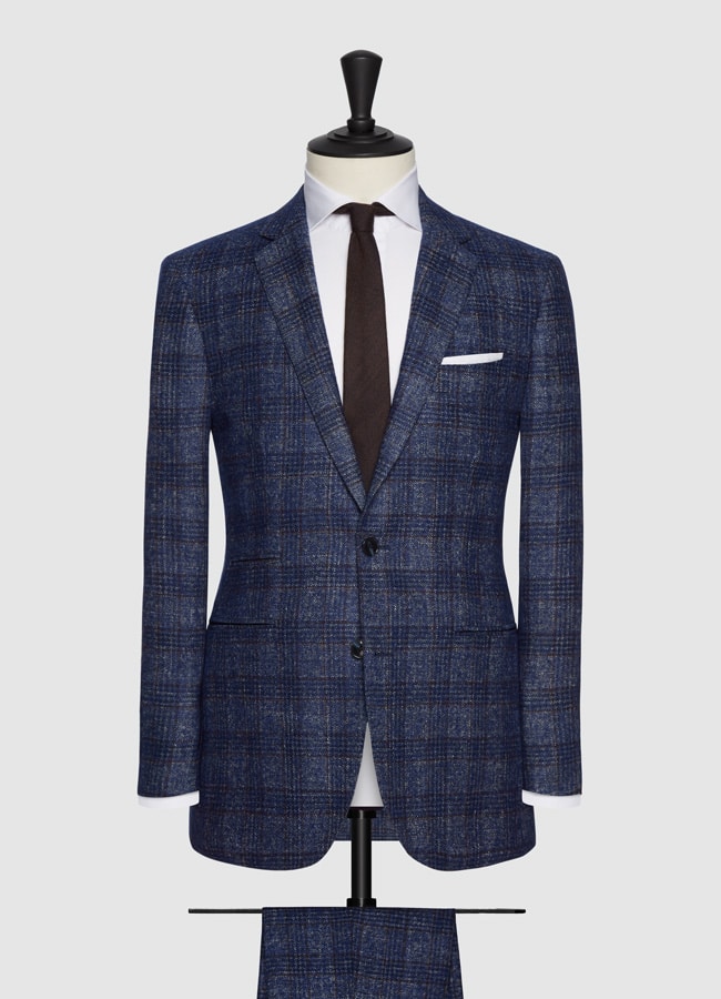 Bright blue brushed sharkskin with brown windowpane suit