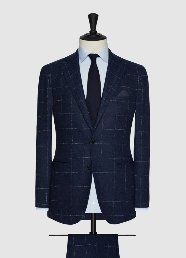 Marine blue cotton and alpaca bouclé with fine white windowpane suit