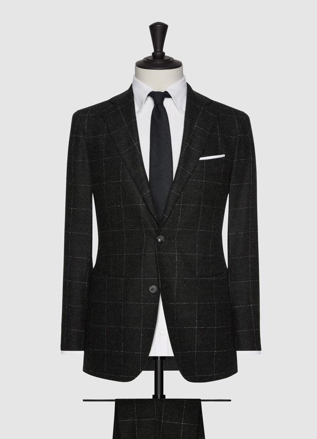 Army green cotton and alpaca bouclé with fine white windowpane suit