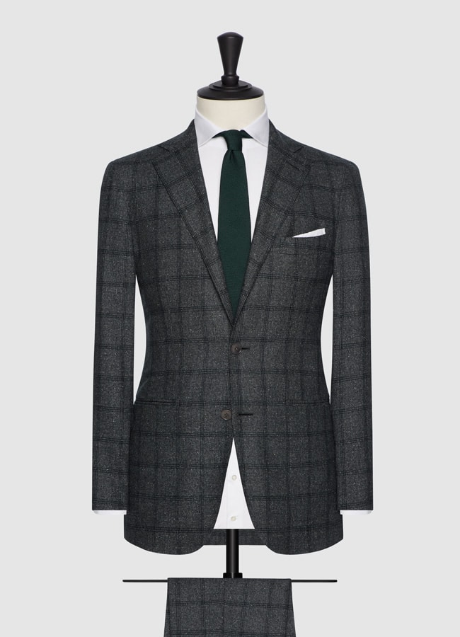 Army green-white faux uni wool-silk with green windowpane suit