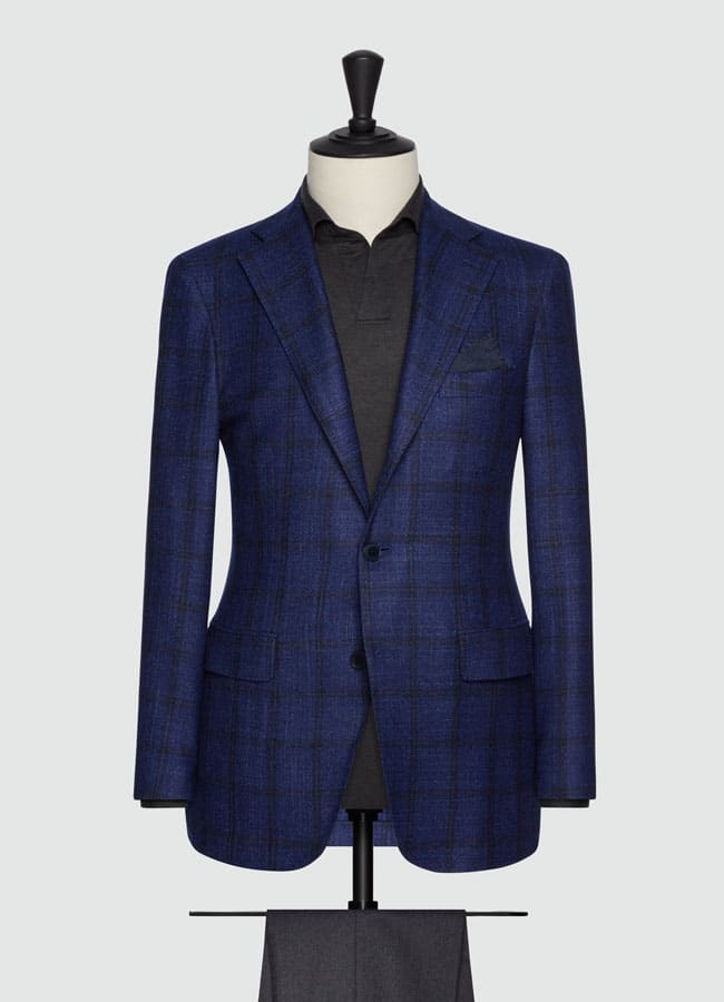 Bright blue-midnight blue wool-silk-cashmere with midnight blue windowpane jacket