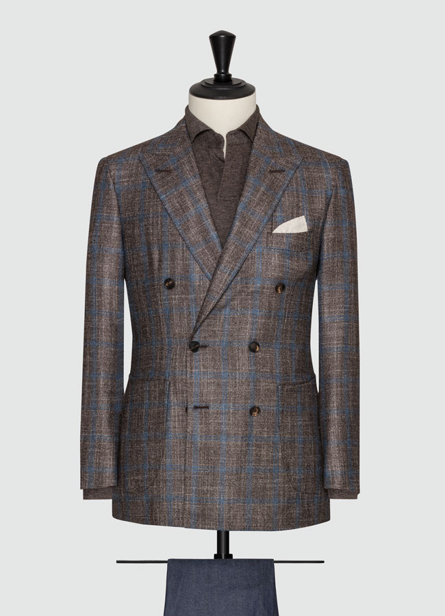 Brown-beige wool-silk-cashmere with blue windowpane jacket