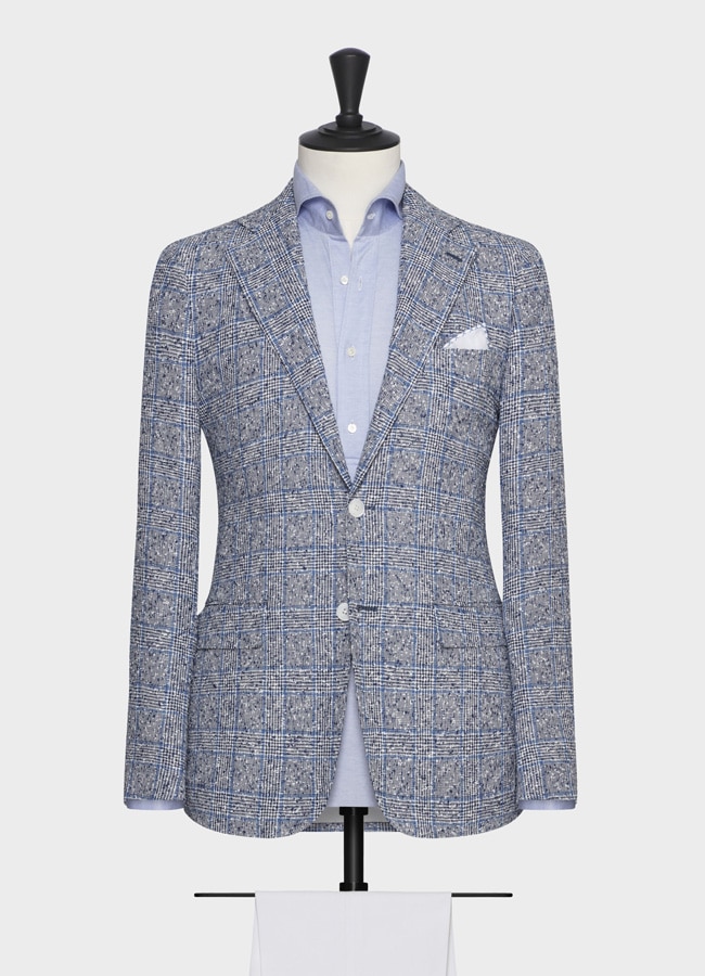 Light blue-slate blue glencheck linen blend with slubs jacket