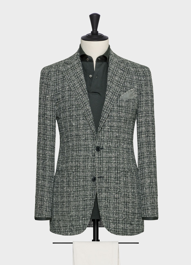 Blue-green slubbed linen blend with white crisscrossing jacket