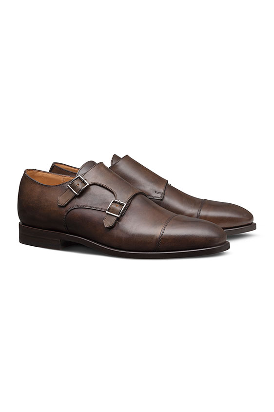 Double monk with cap toe fine calf chocolate brown