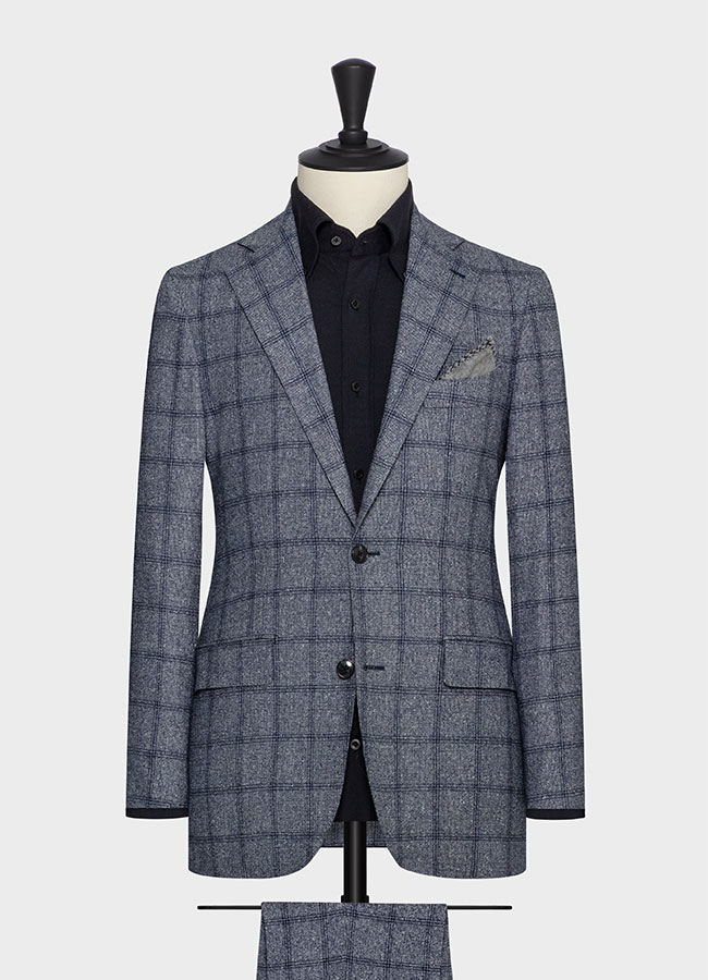 Blue-white faux uni wool-silk with blue windowpane suit