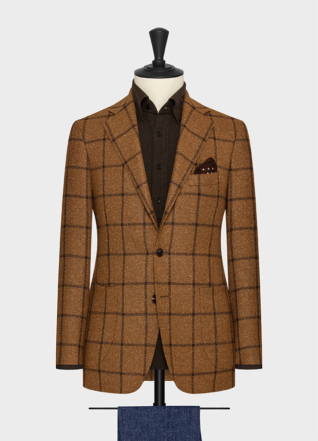 Golden brown mélange wool-alpaca-silk with dark brown windowpane jacket