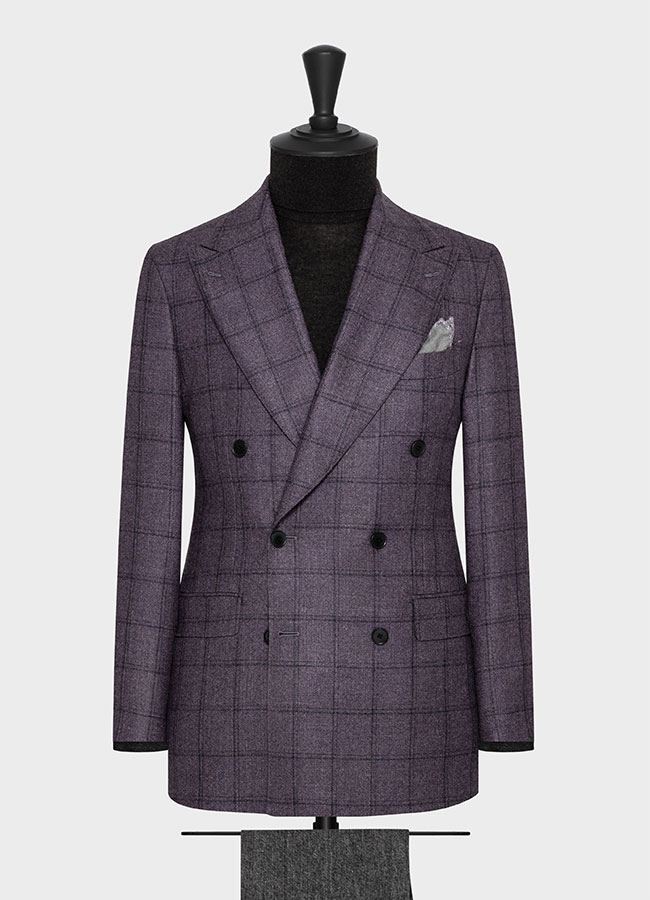 Purple wool-silk-cashmere faux uni with dark purple check jacket