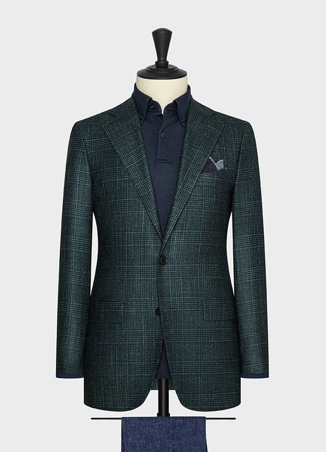 Dark sea green faux-uni wool-silk-cashmere with subtle blue & black check jacket