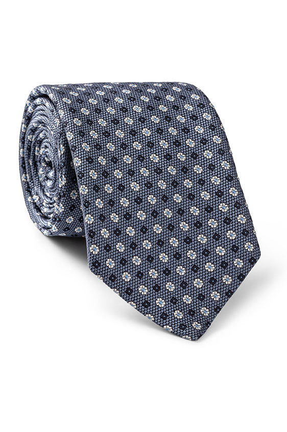 Slate Blue Silk Jacquard With Blue Floral Design Tie