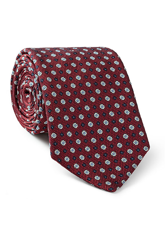 Dark Red Silk Jacquard With Blue Floral Design Tie