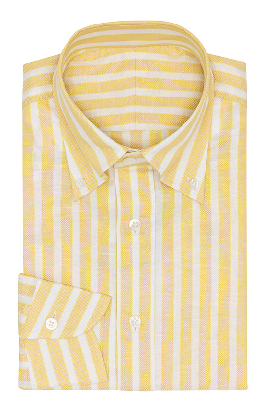 Lemon yellow cotton-linen basketweave with white stripes shirt | Icon  Custom Suits