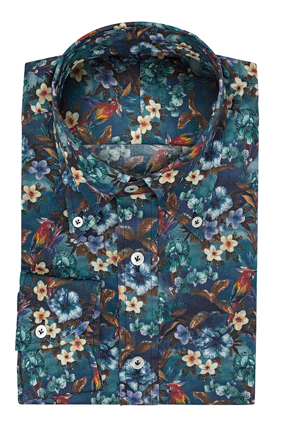 Dark turquoise cotton with bold parrot-ower print shirt
