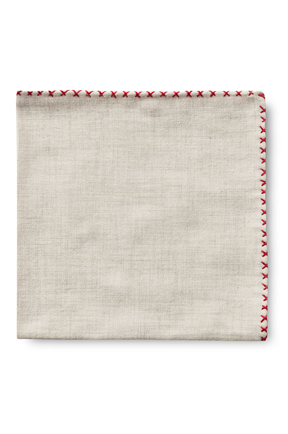 Beige flannel – red handstitched pocket square