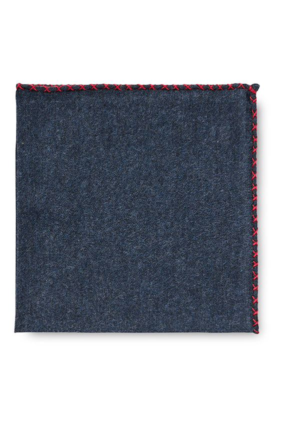 Blue flannel – red handstitched pocket square
