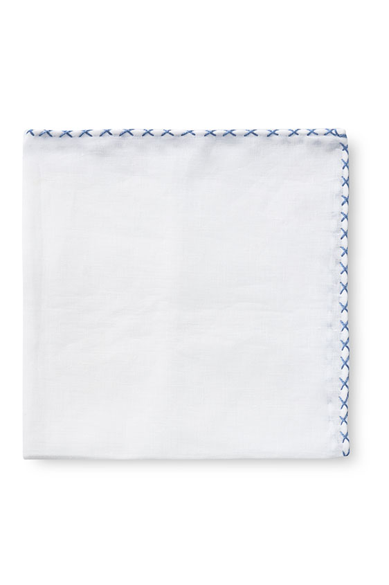 White linen – light blue handstitched pocket square