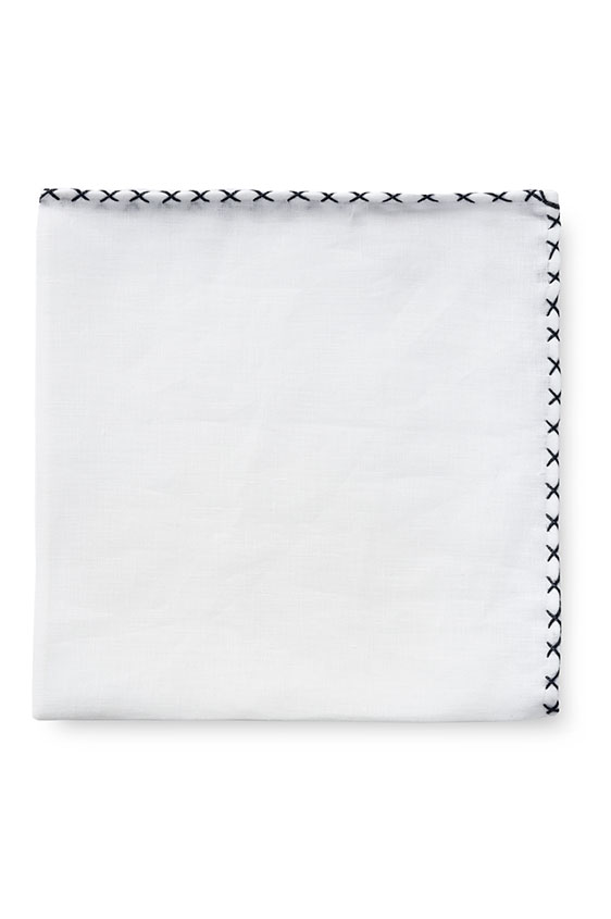 White linen – midnight blue handstitched pocket square