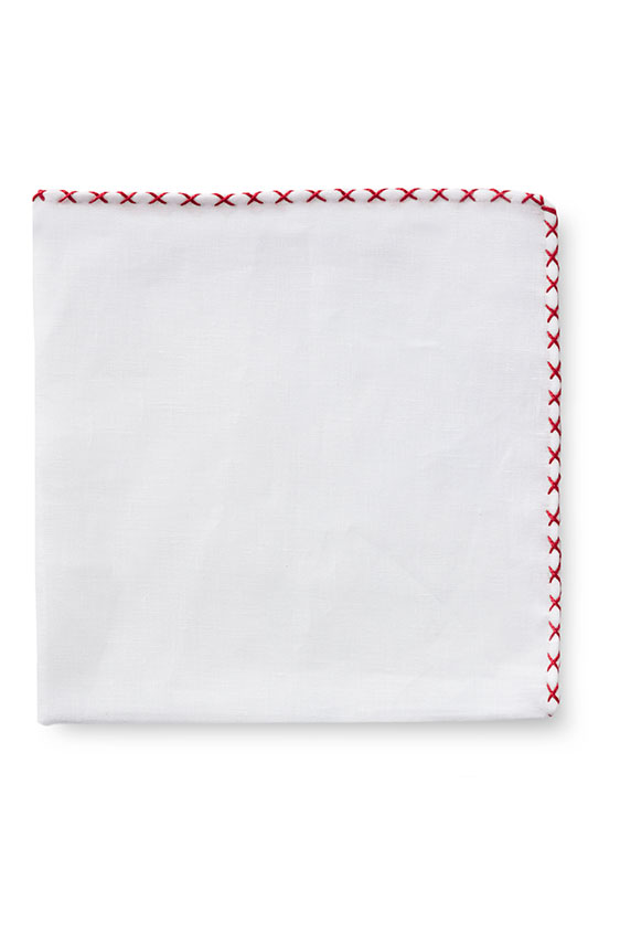 White linen – red handstitched pocket square