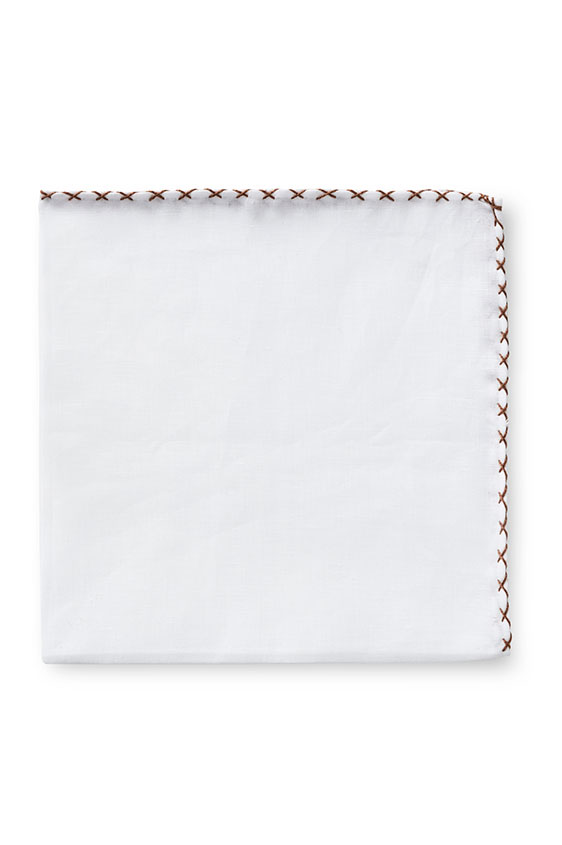 White linen – mid brown handstitched pocket square