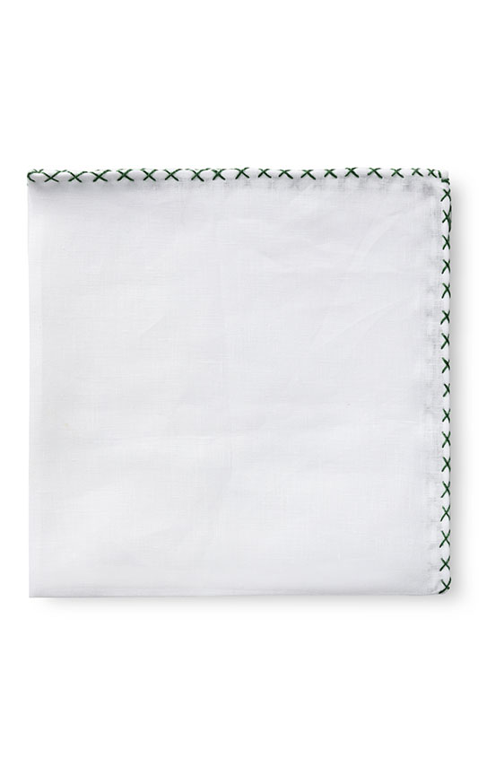 White linen – bottle green handstitched pocket square