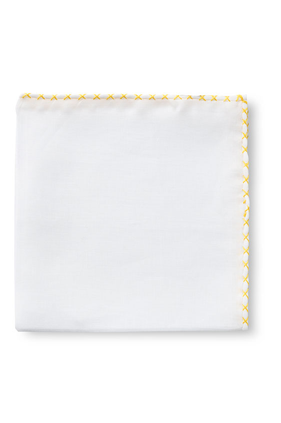 White linen – yellow handstitched pocket square