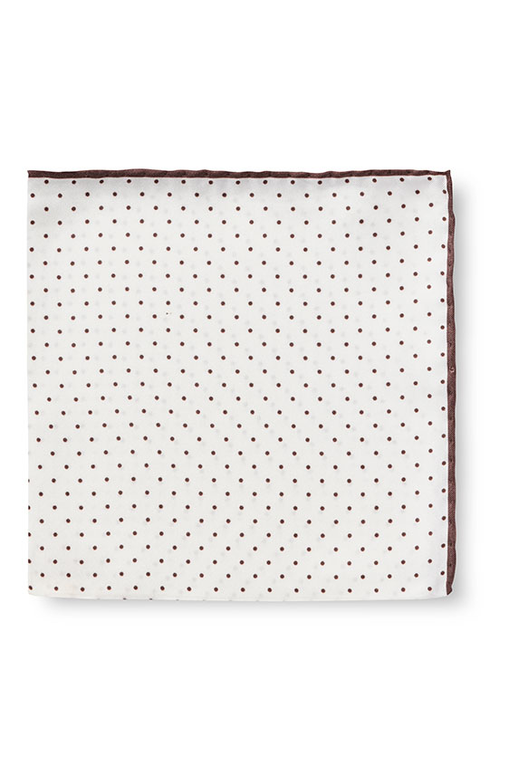 White silk – dark brown polka dot pocket square