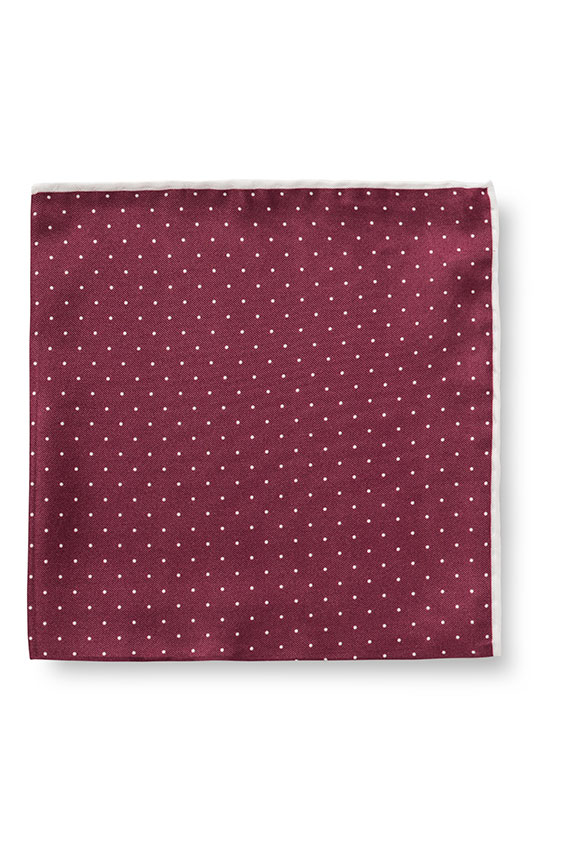 Wine red silk – white polka dot pocket square