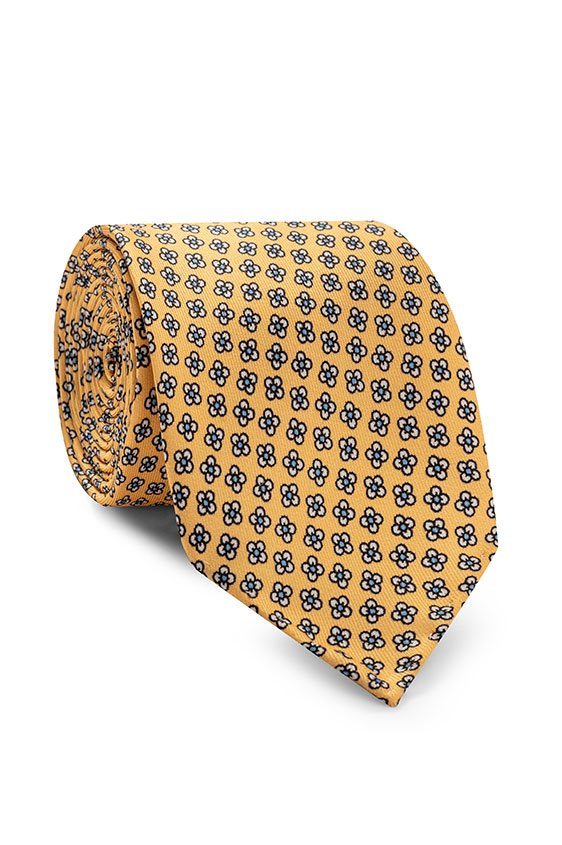 Yellow silk with white mini-flower print tie