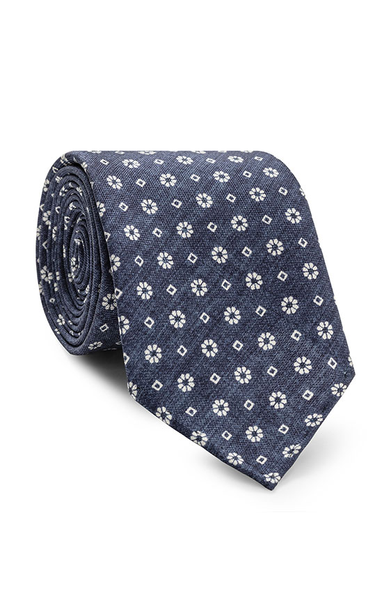 Blue mélange silk with white floral print tie