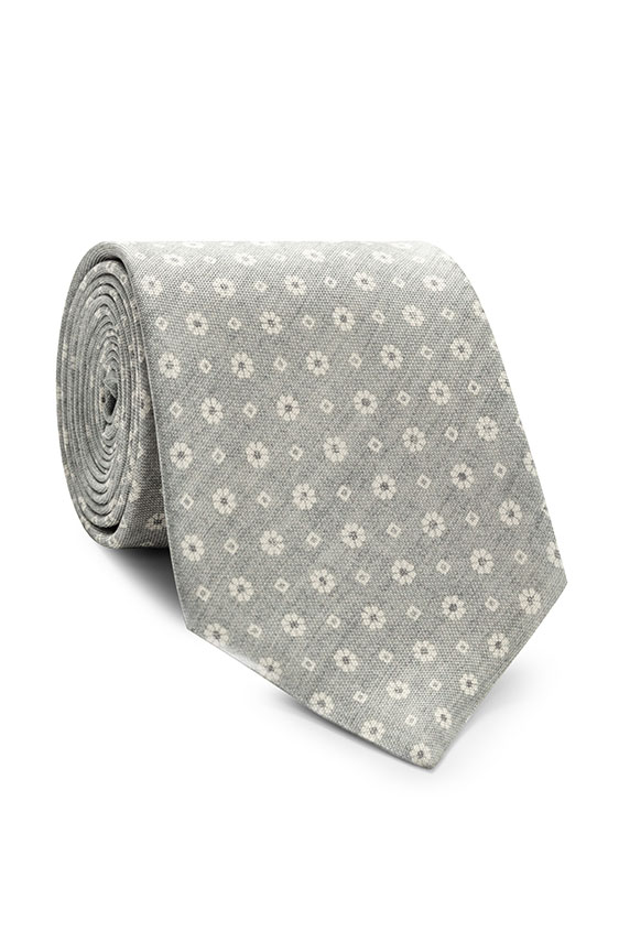Steel blue mélange silk with white floral print tie