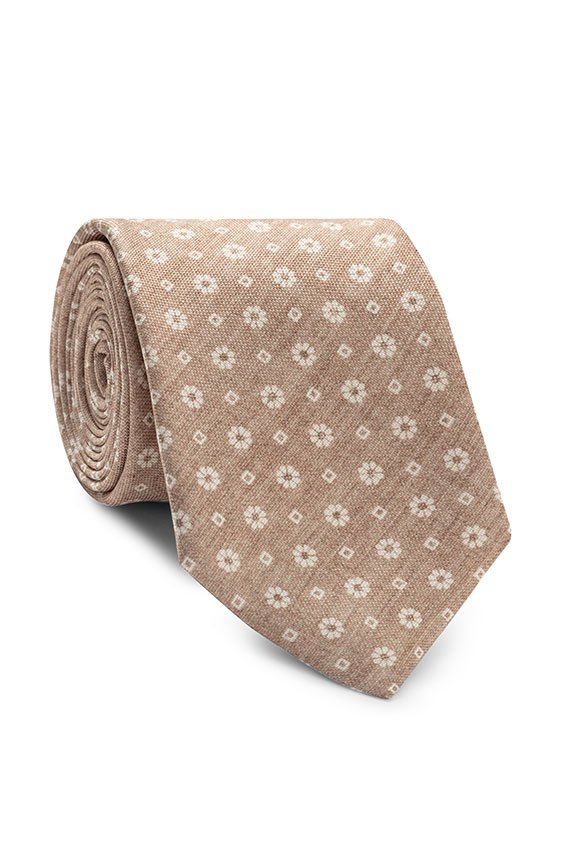 Tan mélange silk with white floral print tie