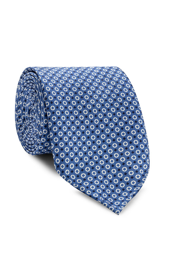 Bright blue silk with white-navy dot print tie