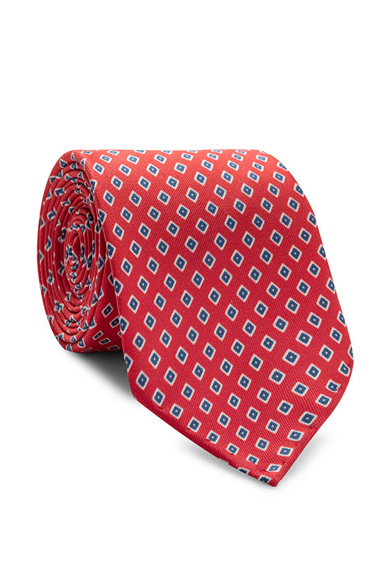 Red silk with blue diamond print tie