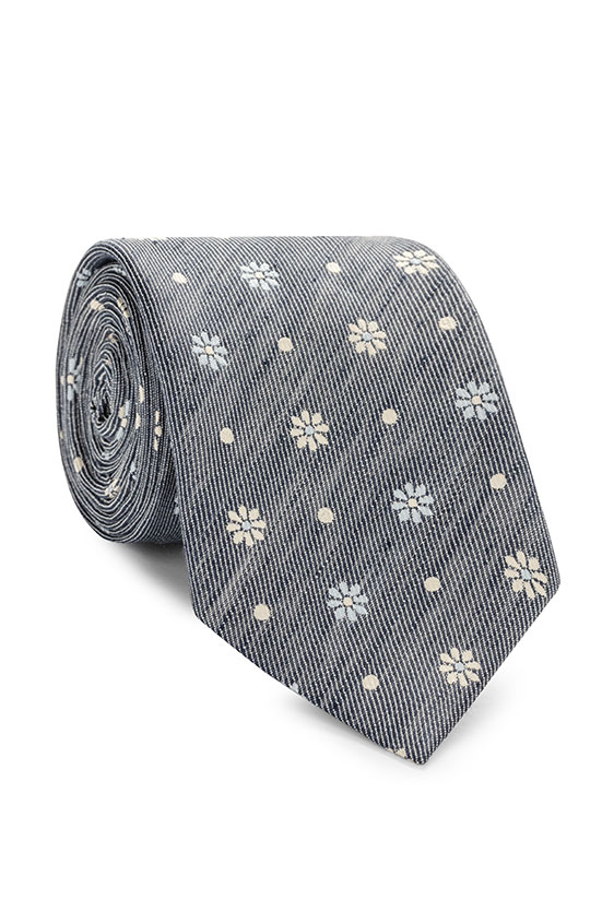 Dark blue silk-linen jacquard with dots-flowers tie
