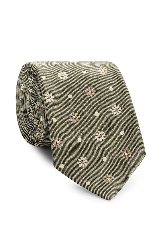 Forest green silk-linen jacquard with dots-flowers tie