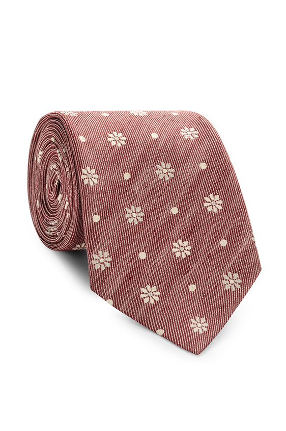 Garnet red silk-linen jacquard with dots-flowers tie
