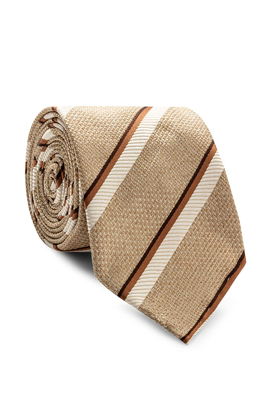 Beige mélange silk with structured white stripes tie