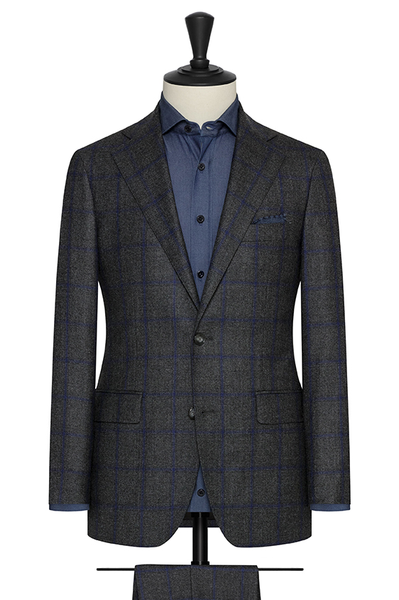 Dark grey wool with blue windowpane suit
