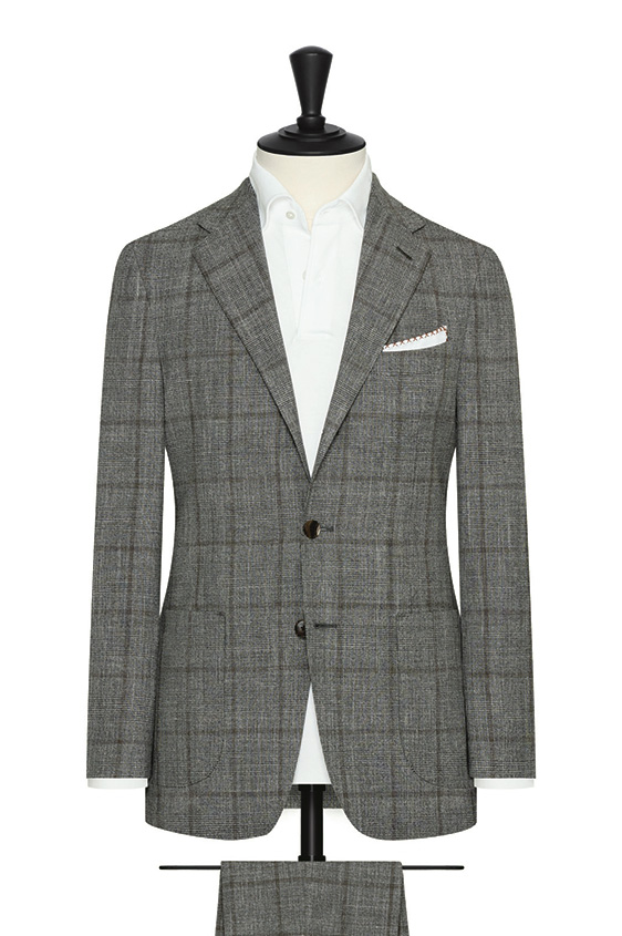 Heathered grey wool-silk-linen tropical with subtle taupe windowpane suit