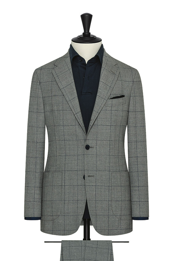 Smoke grey 2-ply wool with navy bouclé windowpane suit