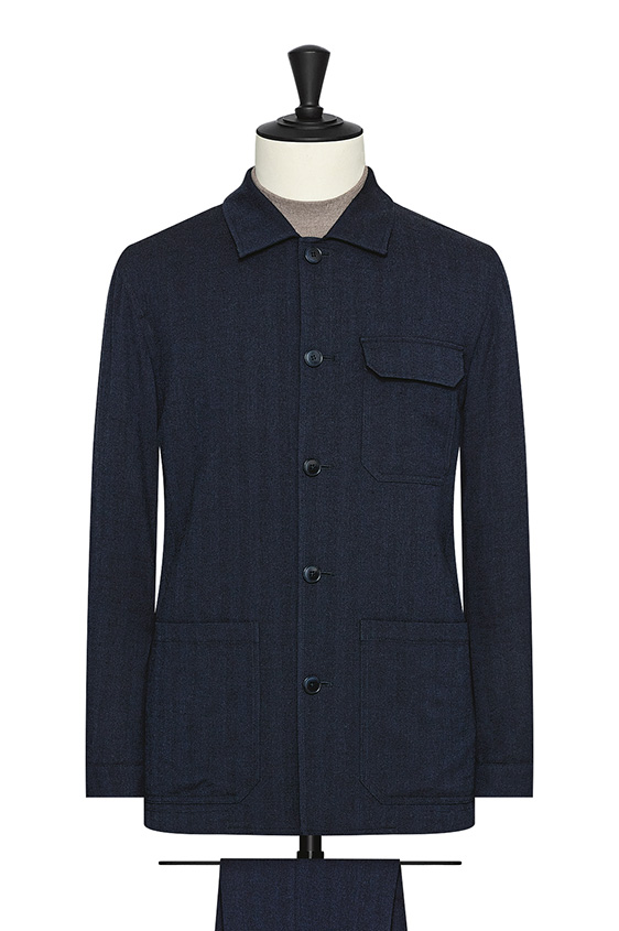 Navy blue stretch wool-linen blend herringbone suit
