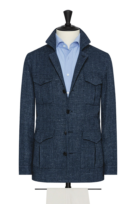 Indigo blue stretch cotton-linen herringbone jacket