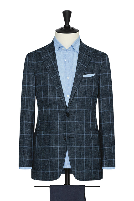 Denim blue stretch wool-silk-linen basketweave with storm blue windowpane jacket