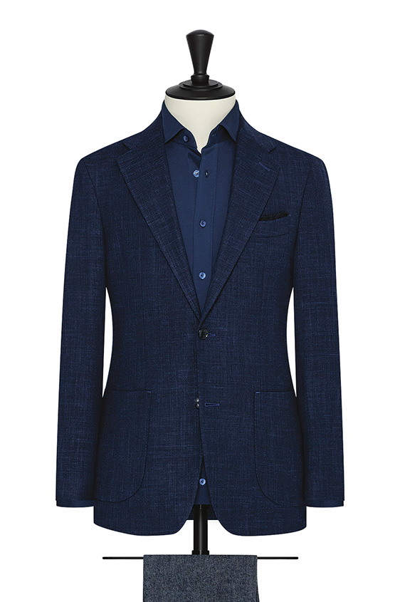 Indigo blue stretch wool-linen blend basketweave jacket