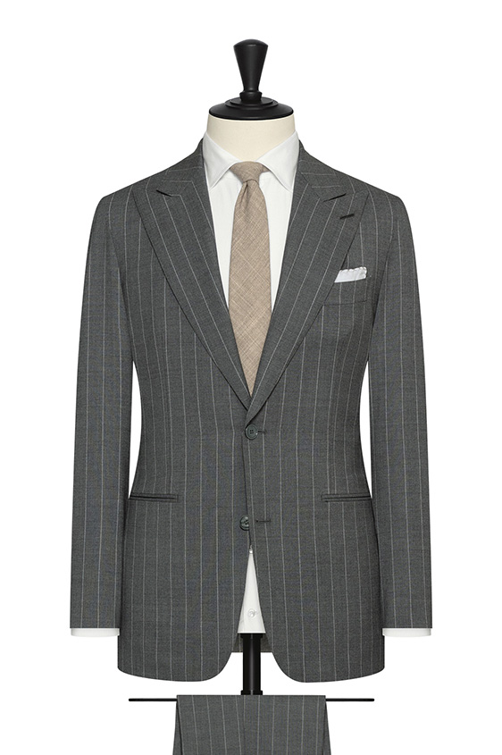 Smoke grey stretch wool blend with white pinstripe suit