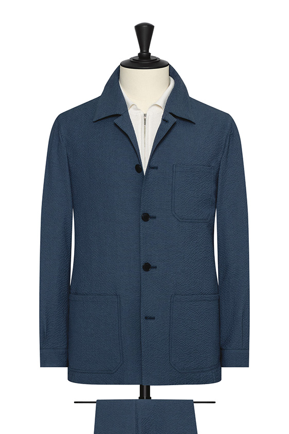 Denim blue stretch cotton blend seersucker suit