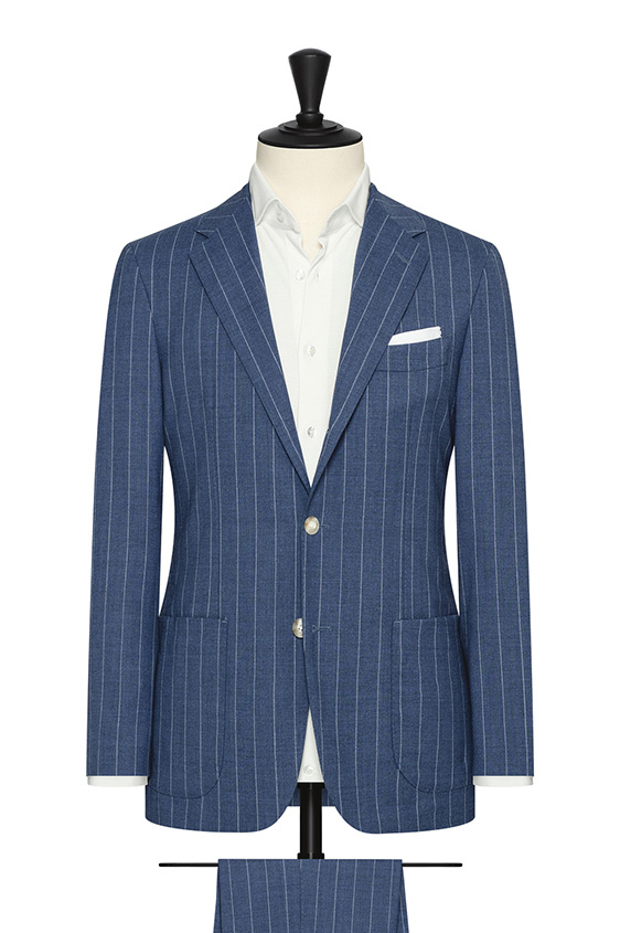 Denim blue stretch wool blend with white pinstripe suit