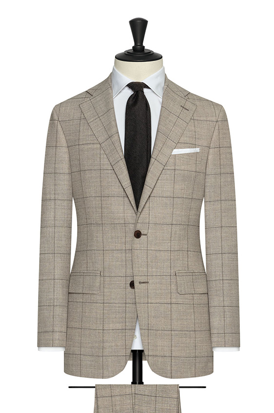 Beige natural stretch flannel suit with brown windowpane